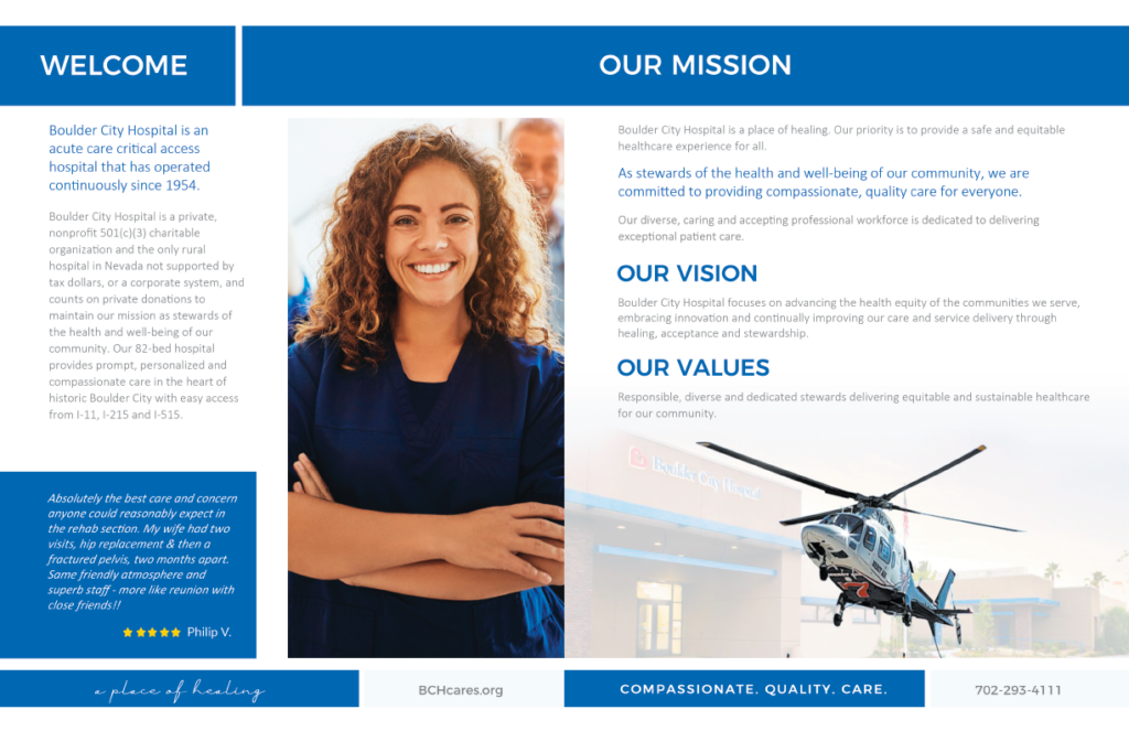 The inside of a Boulder City hospital brochure featuring a helicopter coming in to land on their pad and a smiling female medical staff member