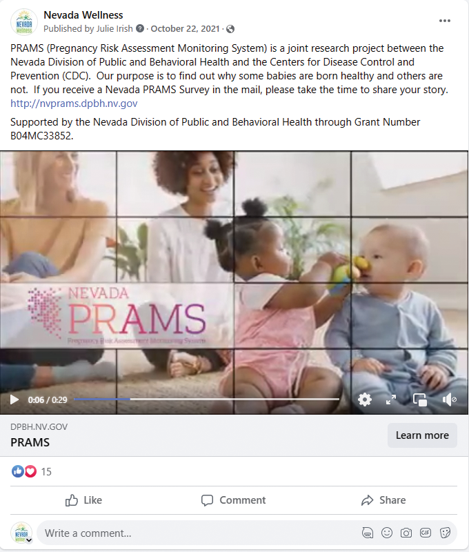 A screenshot of a facebook post for Prams. Two mothers sit with their infants watching them play together
